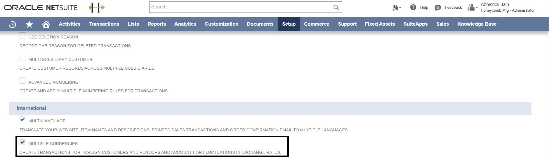 NetSuite settings for Subsidiary 