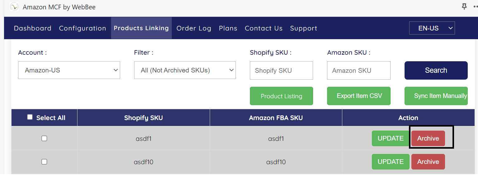 Amazon MCF app dashboard