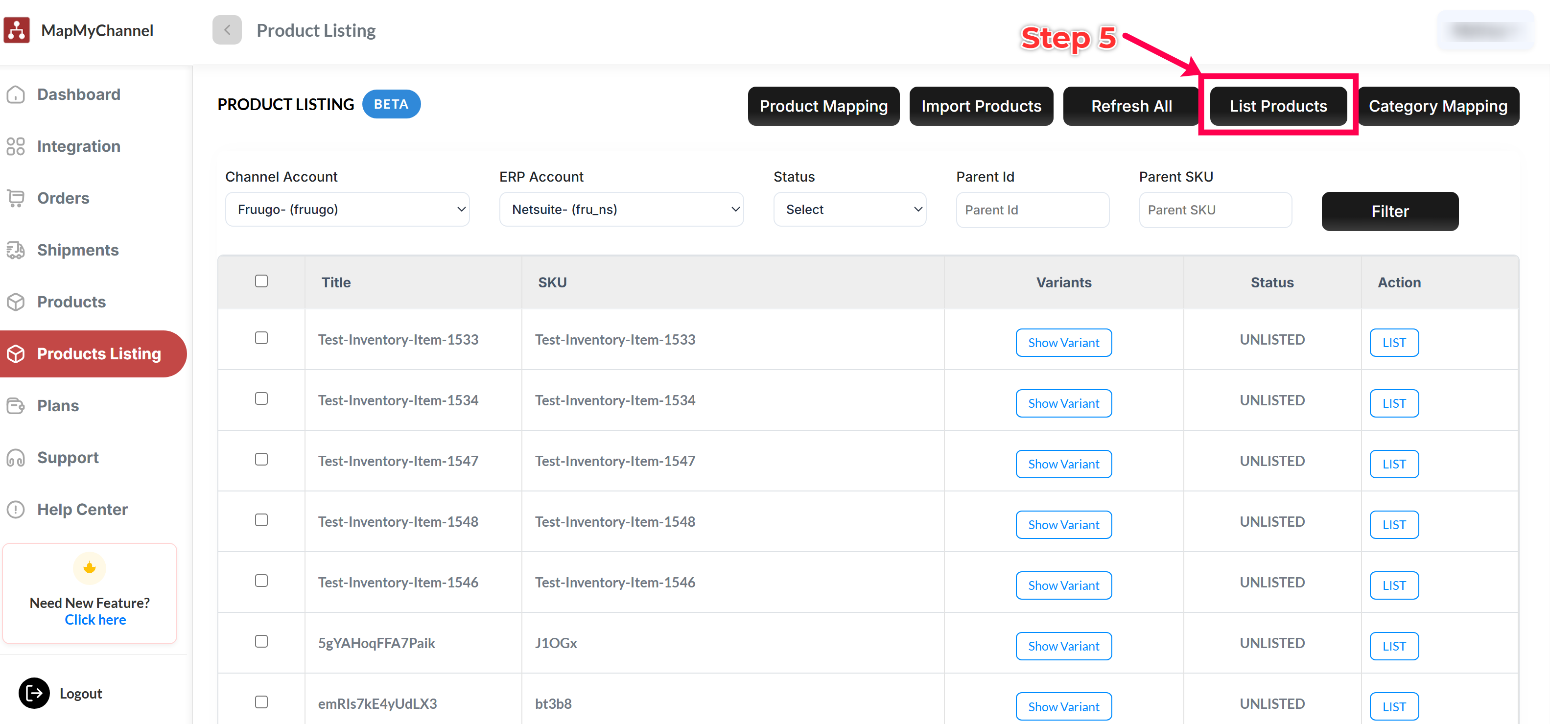 MapMyChannel List Products button