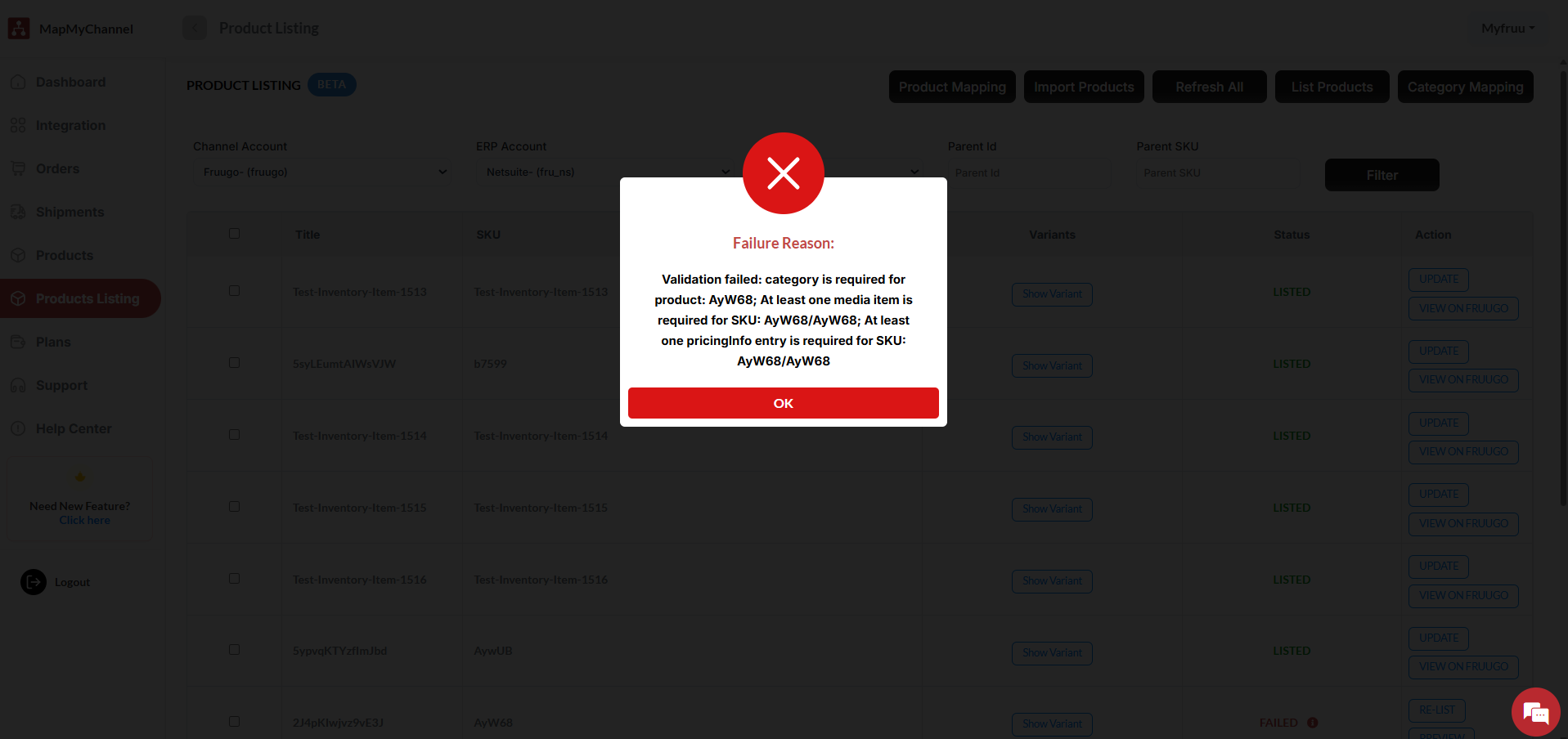 MapMyChannel Product Listing Error Message
