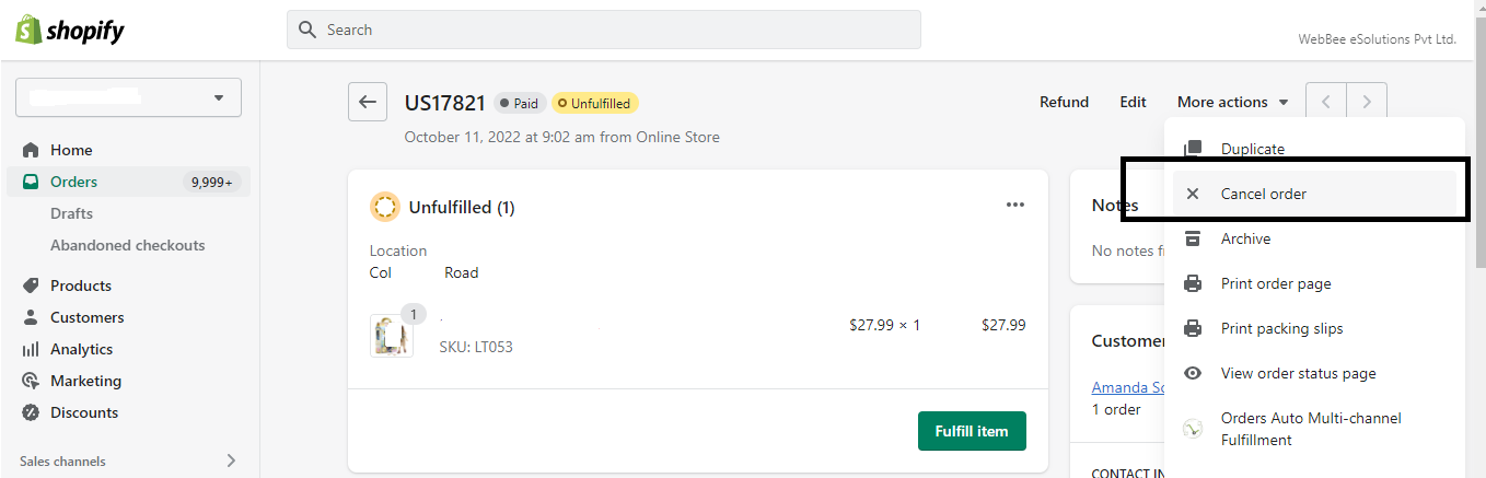 Cancel Order Shopify Dashboard