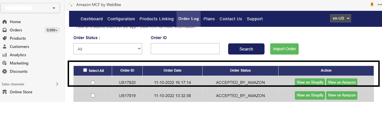 Amazon MCF by WebBee dashboard accepted by Amazon