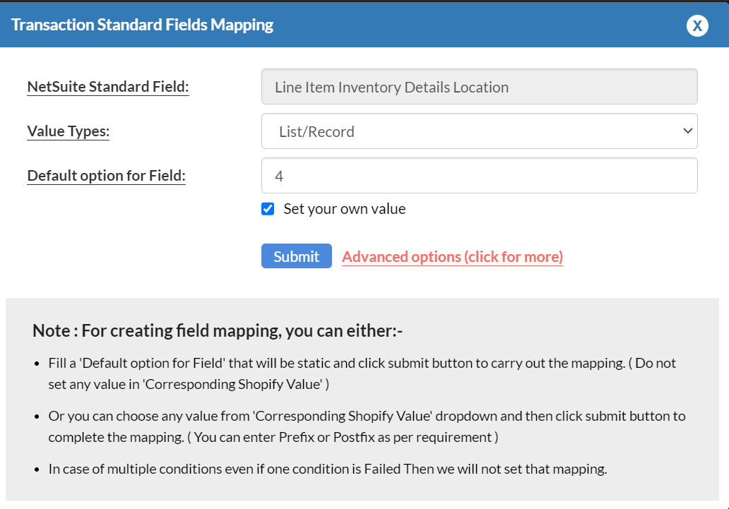 Line Item Inventory Details Location