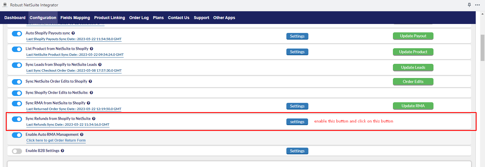 Configuration page of the application 