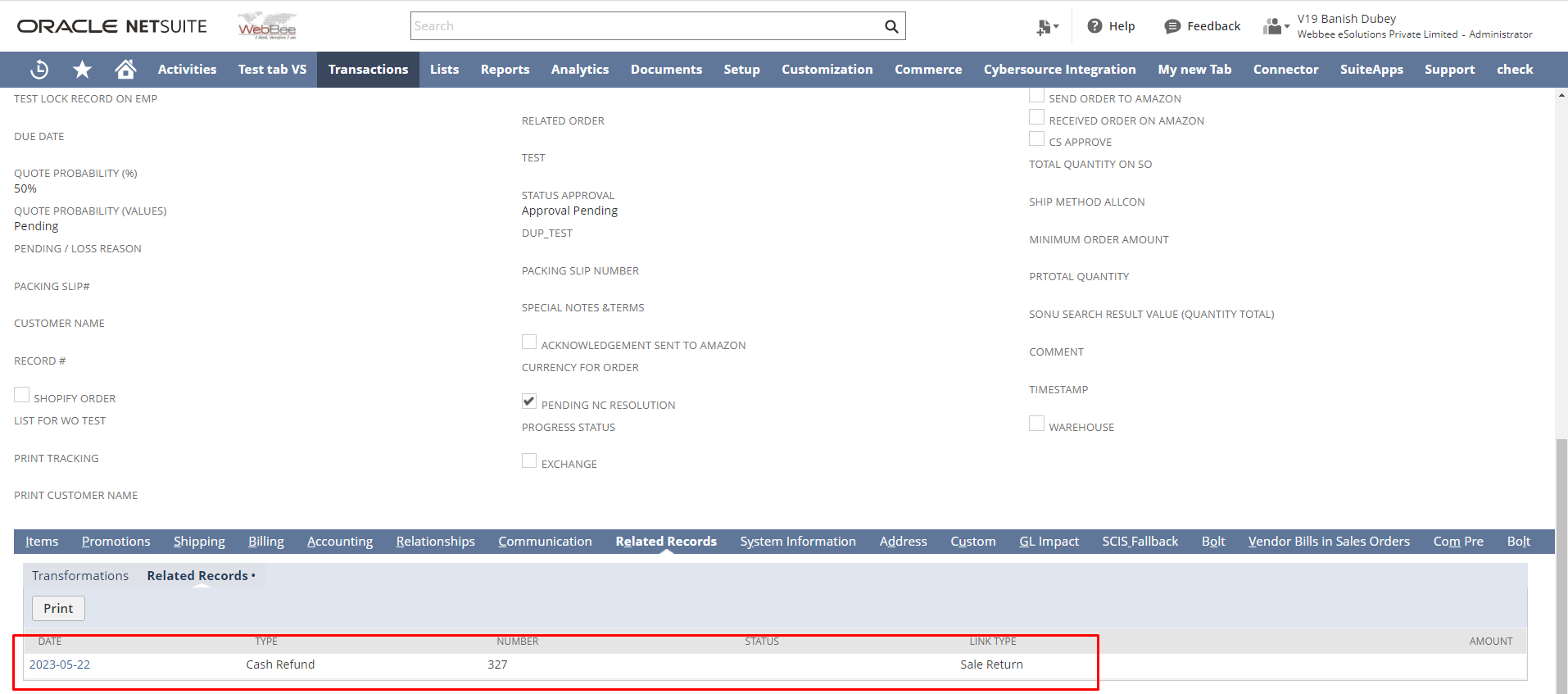 Refund triggered in NetSuite 