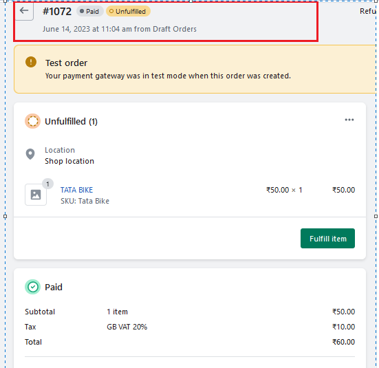 Order placed in shopify 