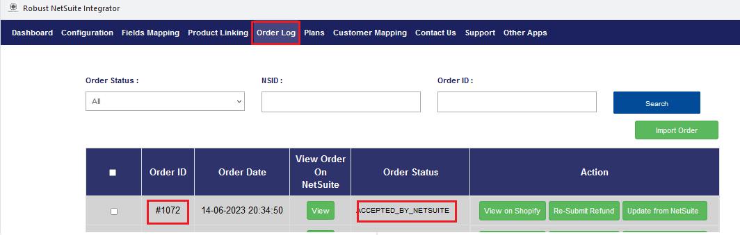 Order Log page of app